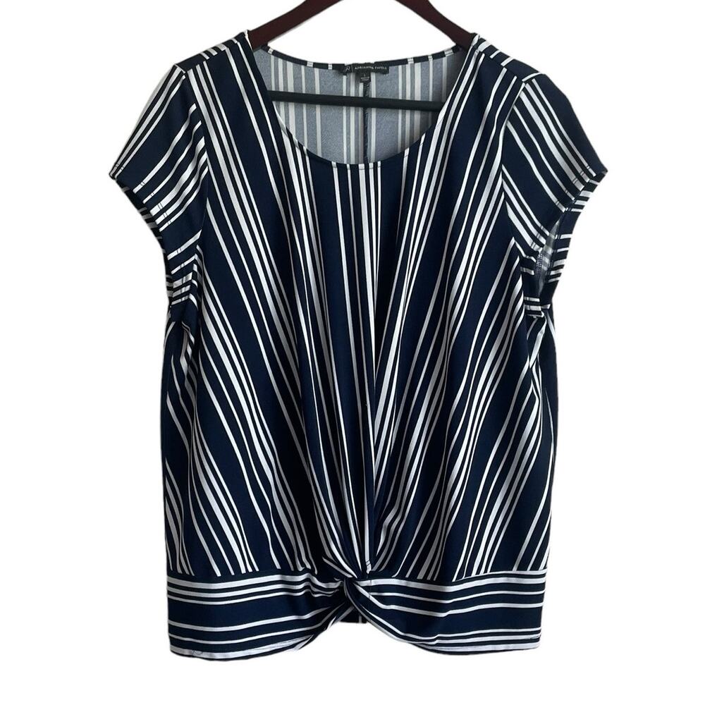 Adrianna Papell Women Top L Navy Striped Twist Knot Front Nautical Casual Office